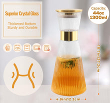 Load image into Gallery viewer, DUJUST Ribbed Glass Carafe with Golden Lid (44oz), Elegant Water Carafe with Gold Decoration, Crystal Glass Carafe, with Thickened Bottom, for Juice, Milk, Tea, Food-Grade Silicone, Leak-proof
