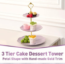 Load image into Gallery viewer, DUJUST Luxury Porcelain 3-Tier Cupcake Stand Tower, British Style Serving Tray with Golden Trim, Food Grade Dessert Display Stand, Beautiful Gift for Tea Party &amp; Home Décor - Purple
