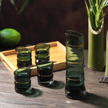 Load image into Gallery viewer, DUJUST Japanese Sake Set for 4, Bamboo Design in Golden Trim, 1 Sake Bottle, 1 Wooden Sake Tray, and 4 Sake Cups  (Gradient Green)
