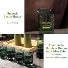 Load image into Gallery viewer, DUJUST Japanese Sake Set for 4, Bamboo Design in Golden Trim, 1 Sake Bottle, 1 Wooden Sake Tray, and 4 Sake Cups  (Gradient Green)

