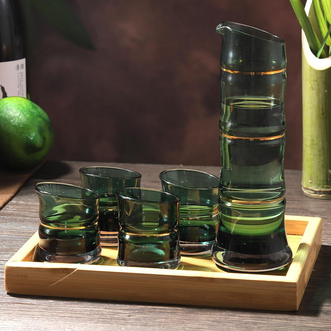 DUJUST Japanese Sake Set for 4, Bamboo Design in Golden Trim, 1 Sake Bottle, 1 Wooden Sake Tray, and 4 Sake Cups  (Gradient Green)
