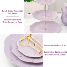 Load image into Gallery viewer, DUJUST Luxury Porcelain 3-Tier Cupcake Stand Tower, British Style Serving Tray with Golden Trim, Food Grade Dessert Display Stand, Beautiful Gift for Tea Party &amp; Home Décor - Purple
