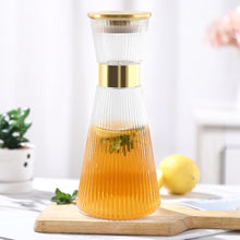 Load image into Gallery viewer, DUJUST Ribbed Glass Carafe with Golden Lid (44oz), Elegant Water Carafe with Gold Decoration, Crystal Glass Carafe, with Thickened Bottom, for Juice, Milk, Tea, Food-Grade Silicone, Leak-proof
