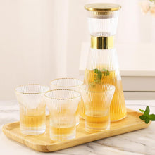 Load image into Gallery viewer, DUJUST Ribbed Glass Carafe Set, Elegant Water Carafe with Gold Decoration, 1 Crystal Glass Carafe with Golden Lid (44oz), 4 Cups &amp; 1 Tray, with Thickened Bottom, Food-Grade Silicone, Leak-Proof
