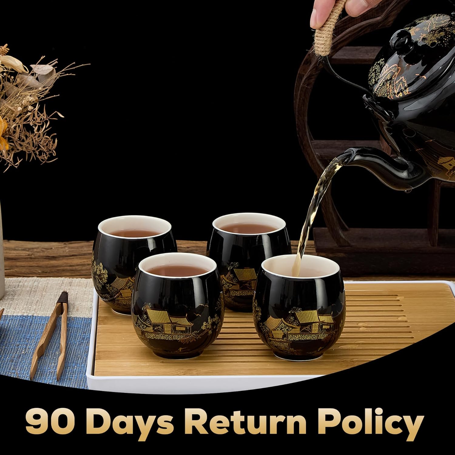 DUJUST Traditional Japanese Tea Cups Set of 4, Black Porcelain Chinese Tea Cups, Beautiful Asian Tea Cup Gift for Adults, Tea Lover/Women/Men (