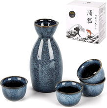 Load image into Gallery viewer, DUJUST 5 pcs Japanese Sake Set, Kiln Altered Glaze Porcelain Sake Set, 1 Bottle, 4 Cups &amp; 1 Gift Box, Warm Carafe, Special Japanese Gift Set - Blue
