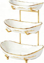 Load image into Gallery viewer, DUJUST 3 Tier Fruit Bowl, Elegant Ceramic Fruit Stand with Gold Scrollwork, Stackable &amp; Easy to Store, Multifunctional Serving Tray for Fruit/Vegetables/Snacks - White Gold
