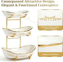 Load image into Gallery viewer, DUJUST 3 Tier Fruit Bowl, Elegant Ceramic Fruit Stand with Gold Scrollwork, Stackable &amp; Easy to Store, Multifunctional Serving Tray for Fruit/Vegetables/Snacks - White Gold
