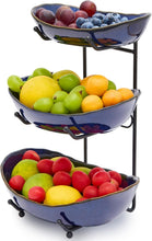 Load image into Gallery viewer, DUJUST 3 Tier Fruit Bowl, Kiln Altered Glaze Ceramic Fruit Stand, Stackable &amp; Easy to Store, Multifunctional Serving Tray for Fruit/Vegetables/Snacks, Microwave &amp; Dishwasher Safe - Dark Blue

