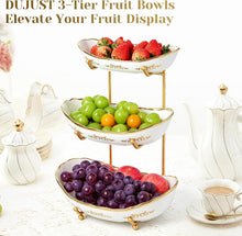Load image into Gallery viewer, DUJUST 3 Tier Fruit Bowl, Elegant Ceramic Fruit Stand with Gold Scrollwork, Stackable &amp; Easy to Store, Multifunctional Serving Tray for Fruit/Vegetables/Snacks - White Gold
