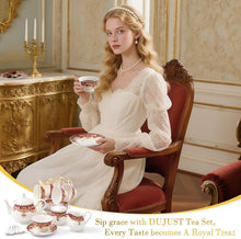 Load image into Gallery viewer, DUJUST 22 pcs Royal Vintage Porcelain Tea Set for 6, Luxury British Tea Sets for Adults with Red Patterns &amp; Golden Trim, Beautiful Floral Tea/Coffee Cup Set, Gift Package - Royal Treat for You
