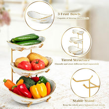 Load image into Gallery viewer, DUJUST 3 Tier Fruit Bowl, Elegant Ceramic Fruit Stand with Gold Scrollwork, Stackable &amp; Easy to Store, Multifunctional Serving Tray for Fruit/Vegetables/Snacks - White Gold
