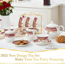 Load image into Gallery viewer, DUJUST 22 pcs Royal Vintage Porcelain Tea Set for 6, Luxury British Tea Sets for Adults with Red Patterns &amp; Golden Trim, Beautiful Floral Tea/Coffee Cup Set, Gift Package - Royal Treat for You
