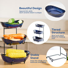 Load image into Gallery viewer, DUJUST 3 Tier Fruit Bowl, Kiln Altered Glaze Ceramic Fruit Stand, Stackable &amp; Easy to Store, Multifunctional Serving Tray for Fruit/Vegetables/Snacks, Microwave &amp; Dishwasher Safe - Dark Blue
