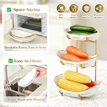 Load image into Gallery viewer, DUJUST 3 Tier Fruit Bowl, Elegant Ceramic Fruit Stand with Gold Scrollwork, Stackable &amp; Easy to Store, Multifunctional Serving Tray for Fruit/Vegetables/Snacks - White Gold
