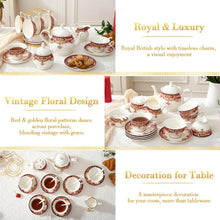 Load image into Gallery viewer, DUJUST 22 pcs Royal Vintage Porcelain Tea Set for 6, Luxury British Tea Sets for Adults with Red Patterns &amp; Golden Trim, Beautiful Floral Tea/Coffee Cup Set, Gift Package - Royal Treat for You
