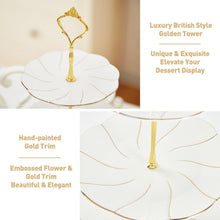 Load image into Gallery viewer, DUJUST Luxury Larger 3-Tier Cupcake Stand Tower, British Style Porcelain Serving Tray with Golden Trim, Food Grade Dessert Display Stand for Tea Party &amp; Home Décor - 45% Larger Plates
