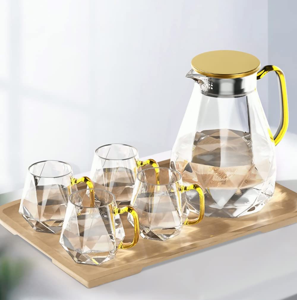 Glass Pitcher with 4 Cups, 1 Tray (Metal Lid)