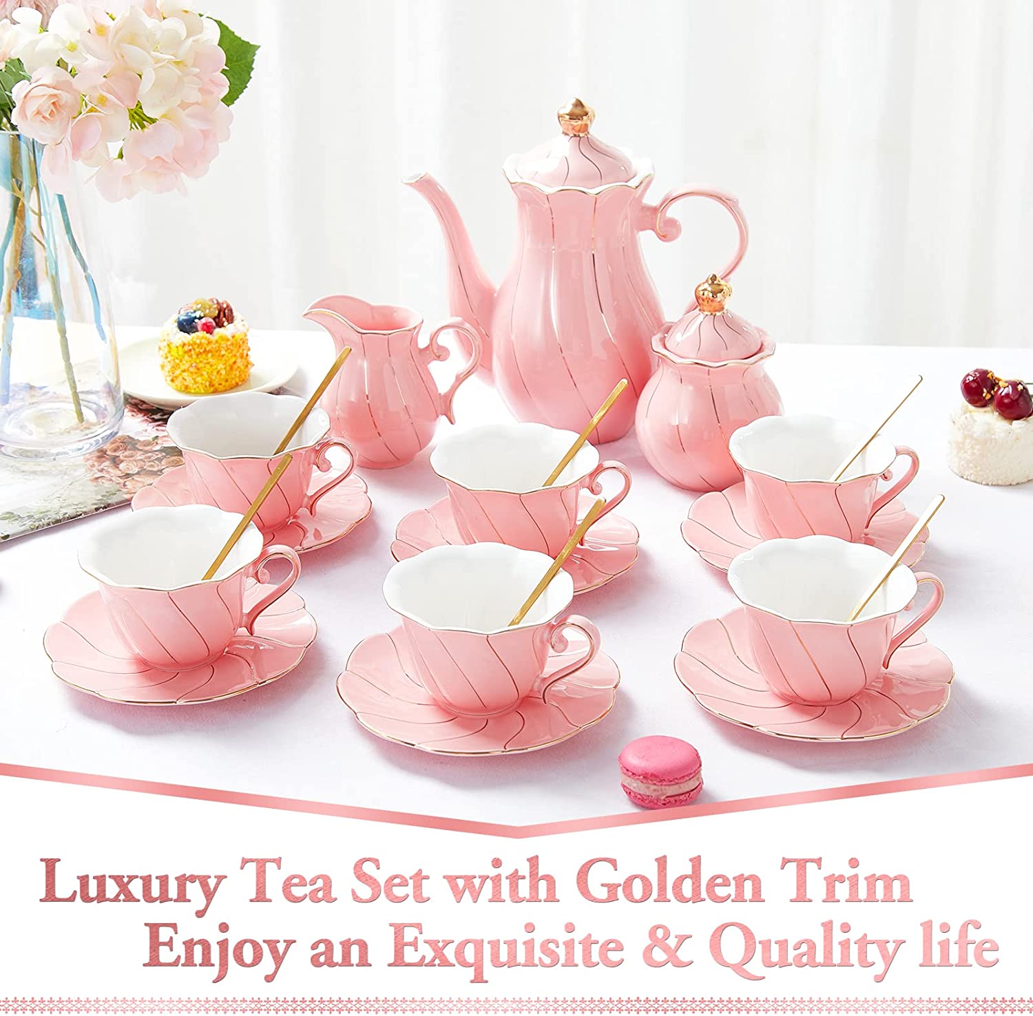 DUJUST 21 pcs Small Tea pot Set of 6, Fine Porcelain, Pink Marble Texture  with Handcraft Golden Trim for Girls&Women, 1 Glass Teapot(22oz), 6