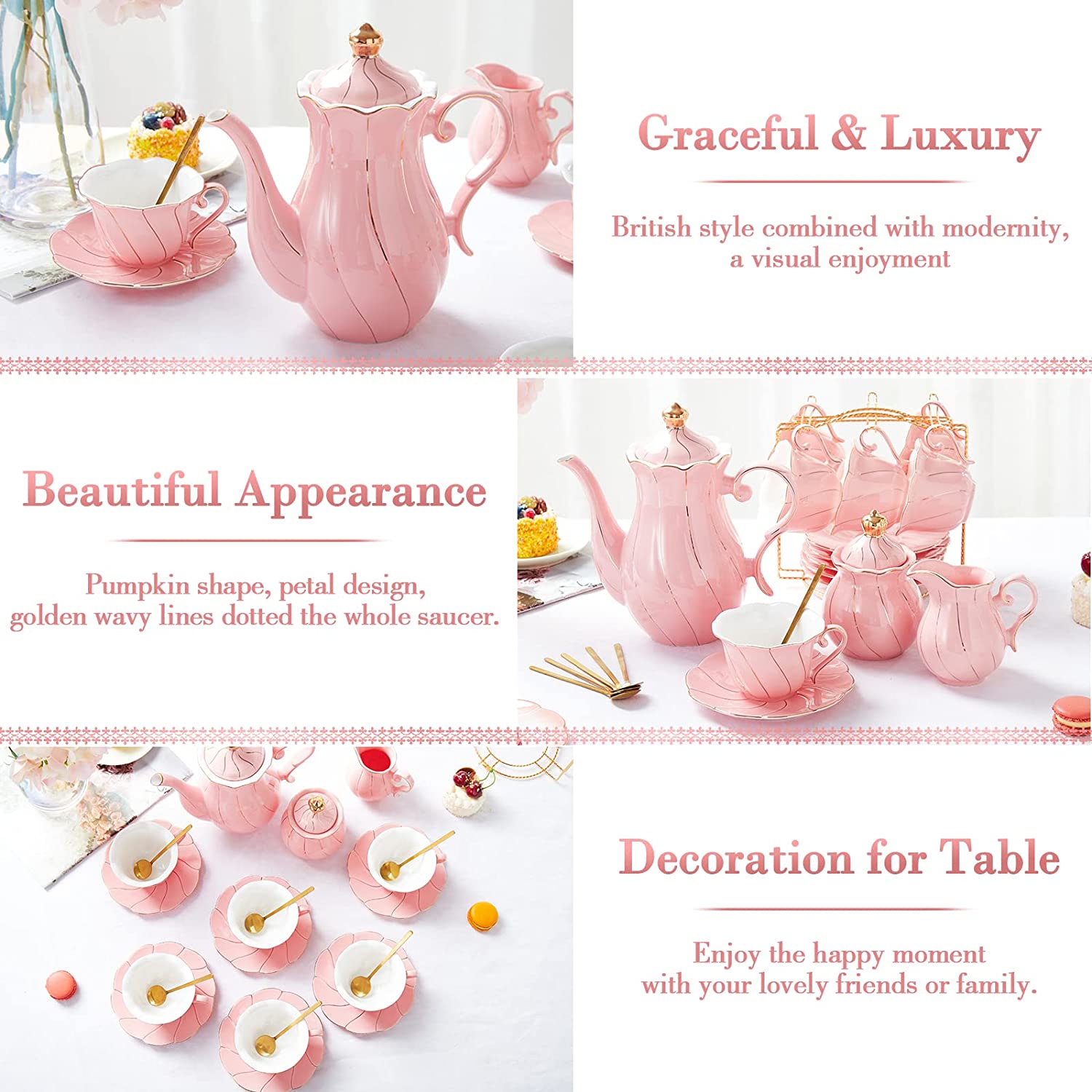 DUJUST Tea Cups and Saucers Set of 4 (8 OZ), Candy Pink Tea Cup Set with  Golden Trim, Petal Edge Coffee Cups with Metal Stand, Simple Style  Porcelain Tea Party …