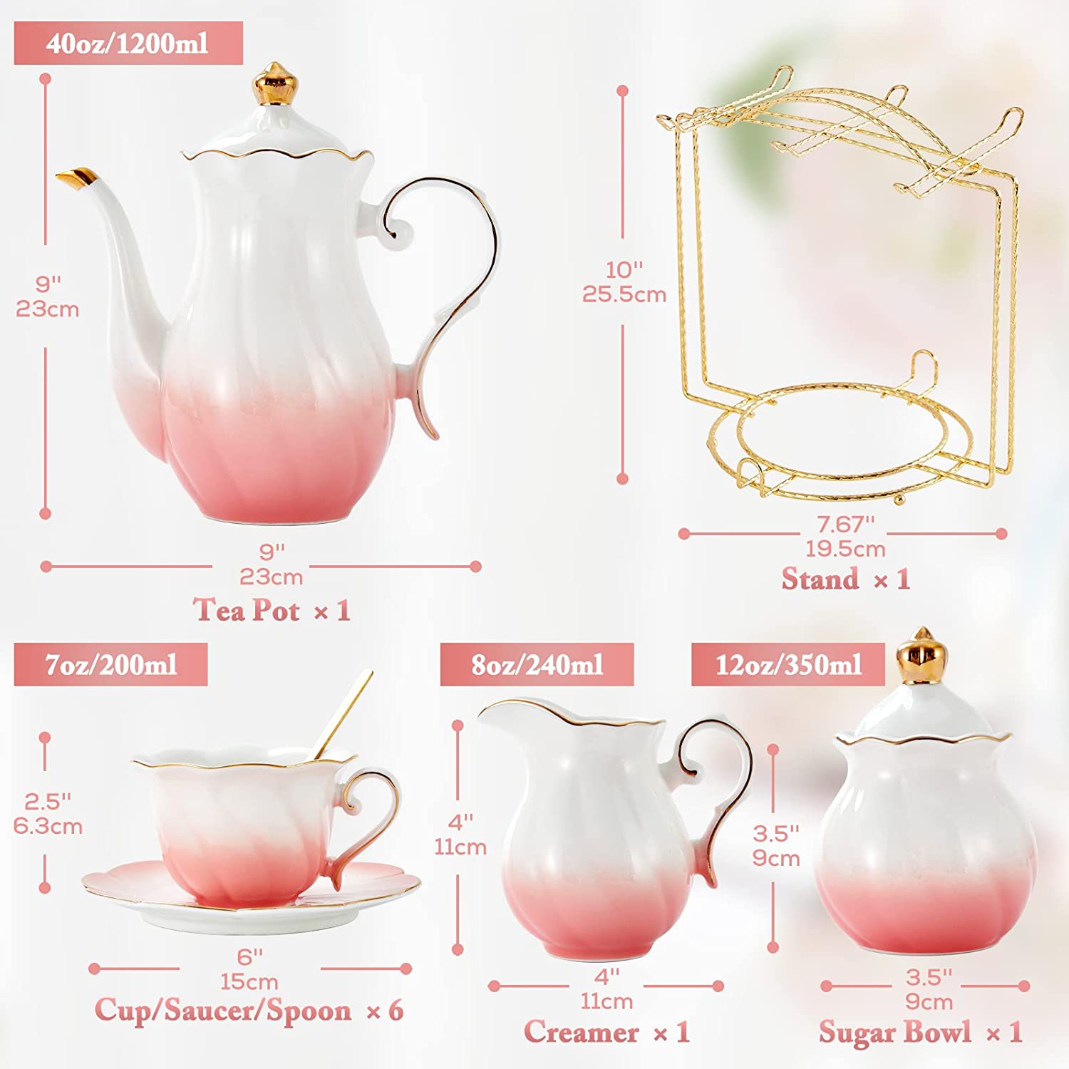 DUJUST 22 pcs Porcelain Tea Set for 6, Luxury British Style Tea/Coffee Cup  Set with Golden Trim, Beautiful Tea Set for Women, Tea Party Set, Gift