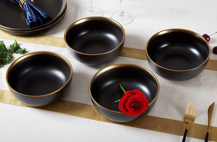 DUJUST Matte Black Porcelain Dinner Bowls of 4