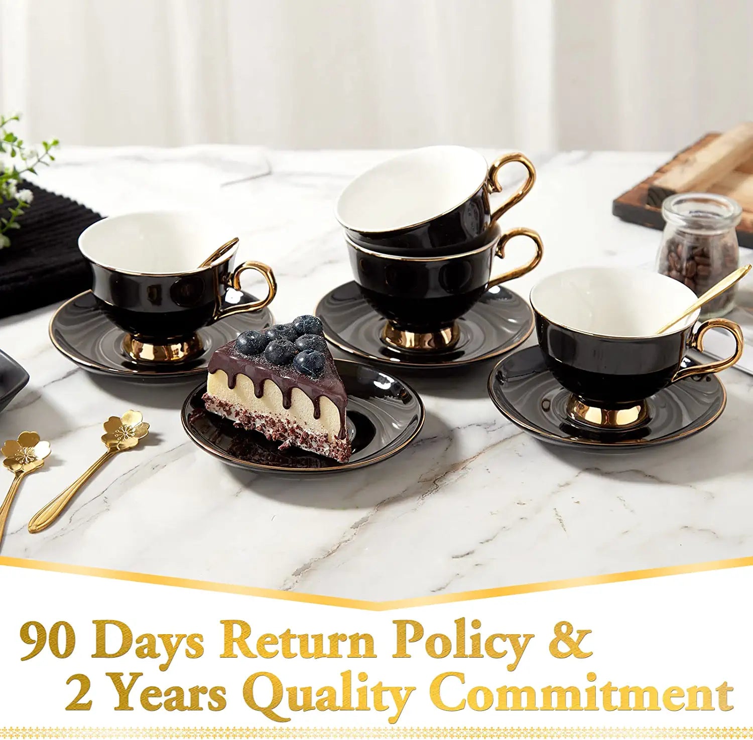 DUJUST Tea Cups and Saucers Set of 4 (7.4oz)
