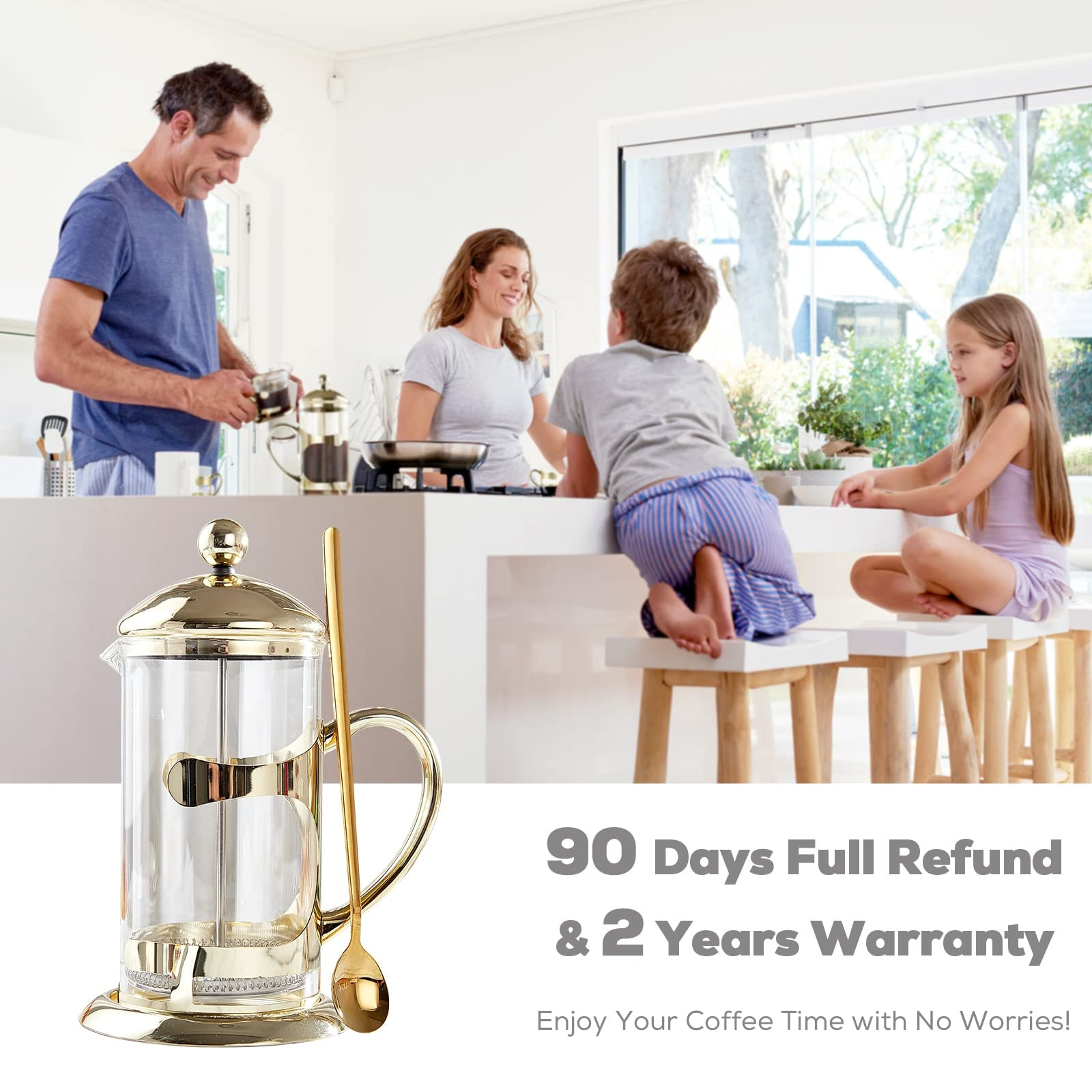 Premium Gold French Press Coffee Maker - 4-Level Filter - Long Spoon - Large