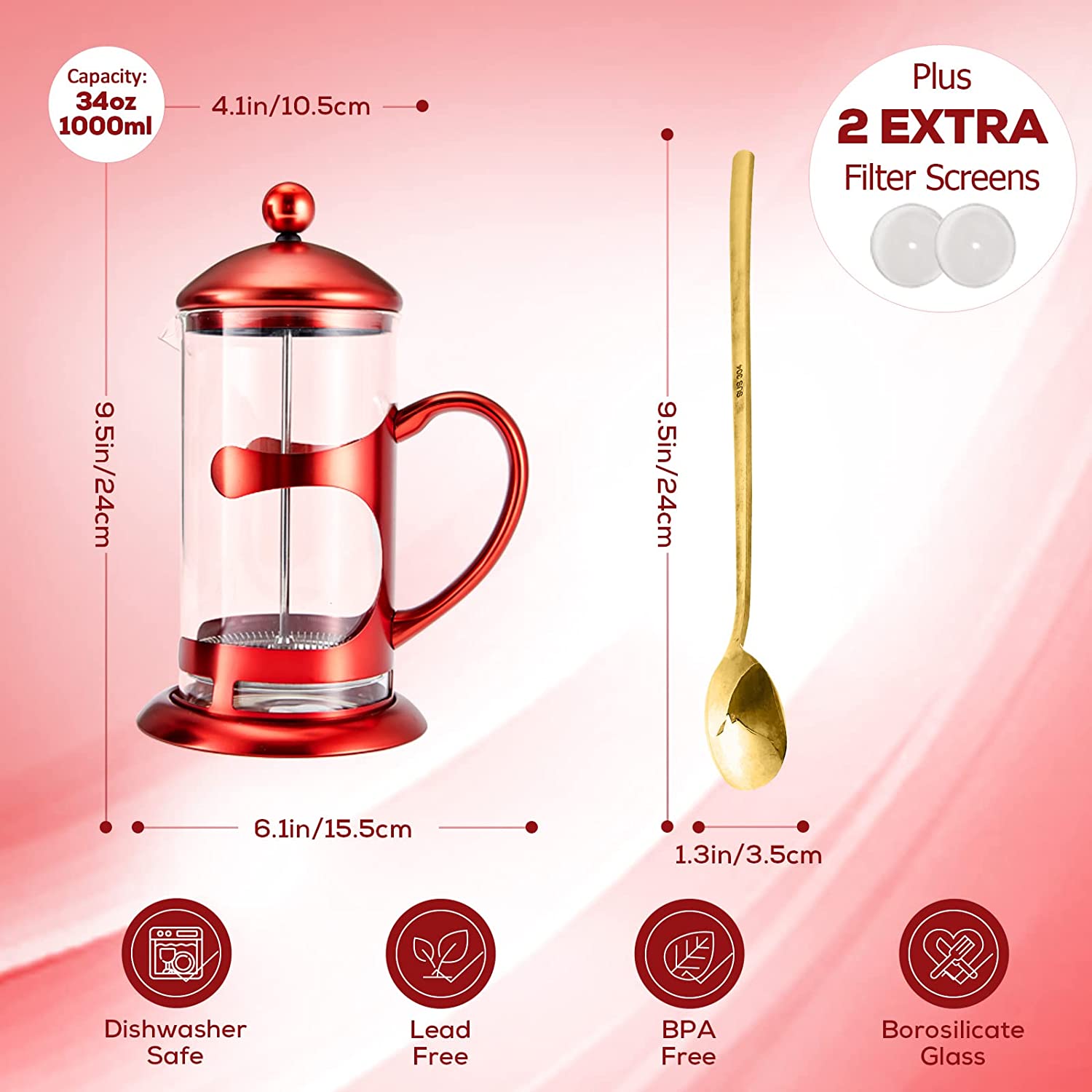 Pressca Portable Coffee & Tea Maker - 12 Oz French Press Infuser, BPA Free, Red - View #4