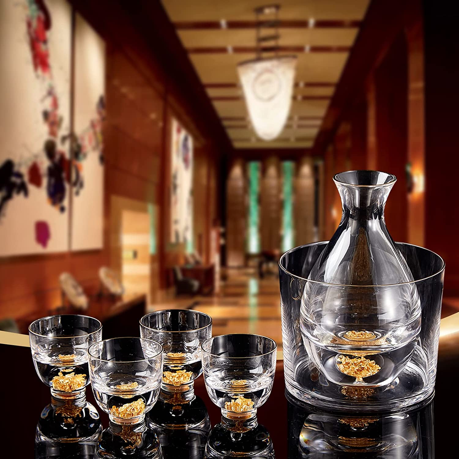 Sake Set Happy Sales HSSS-MBLCHK, Perfect 5 Pc Japanese Design Ceramic